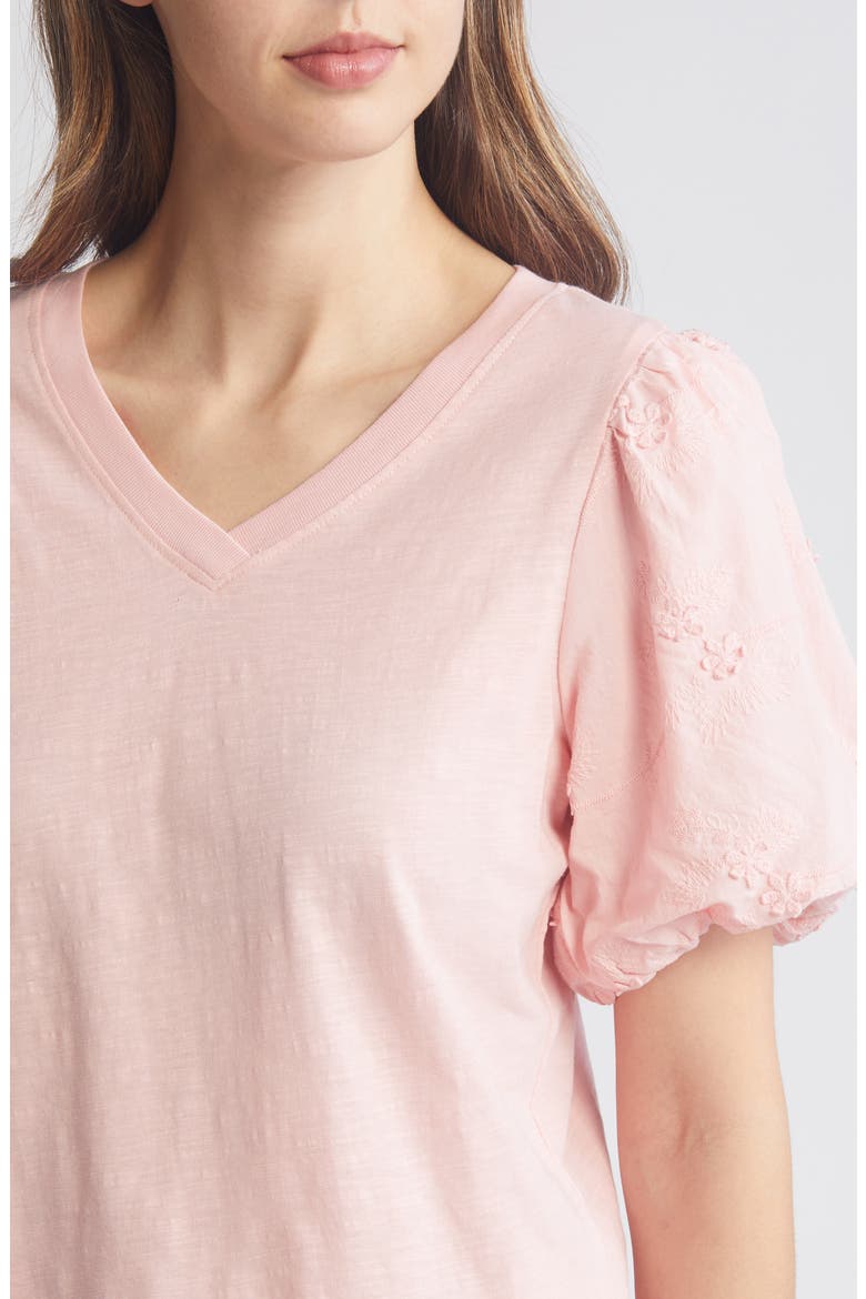Embroidered Puff Sleeve V-Neck Top, Alternate, color, STRAWBERRY CREAM