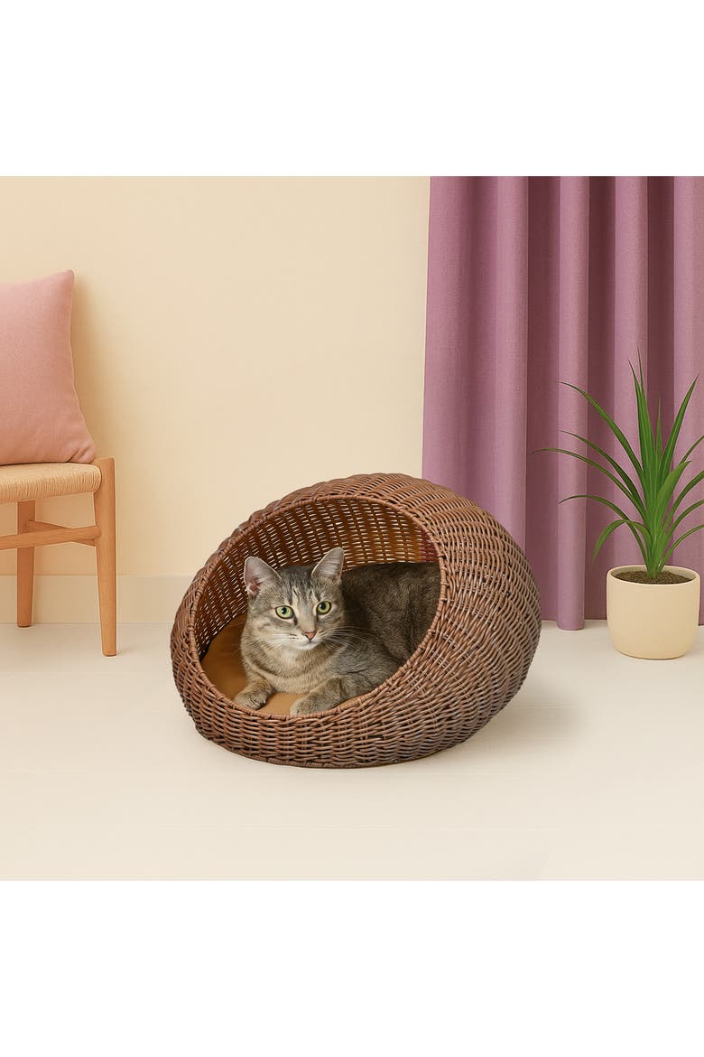Fiora 19.5" x 18" Modern Circular Faux Wicker Pet Bed with Machine-Washable Cushion, Alternate, color, Brown