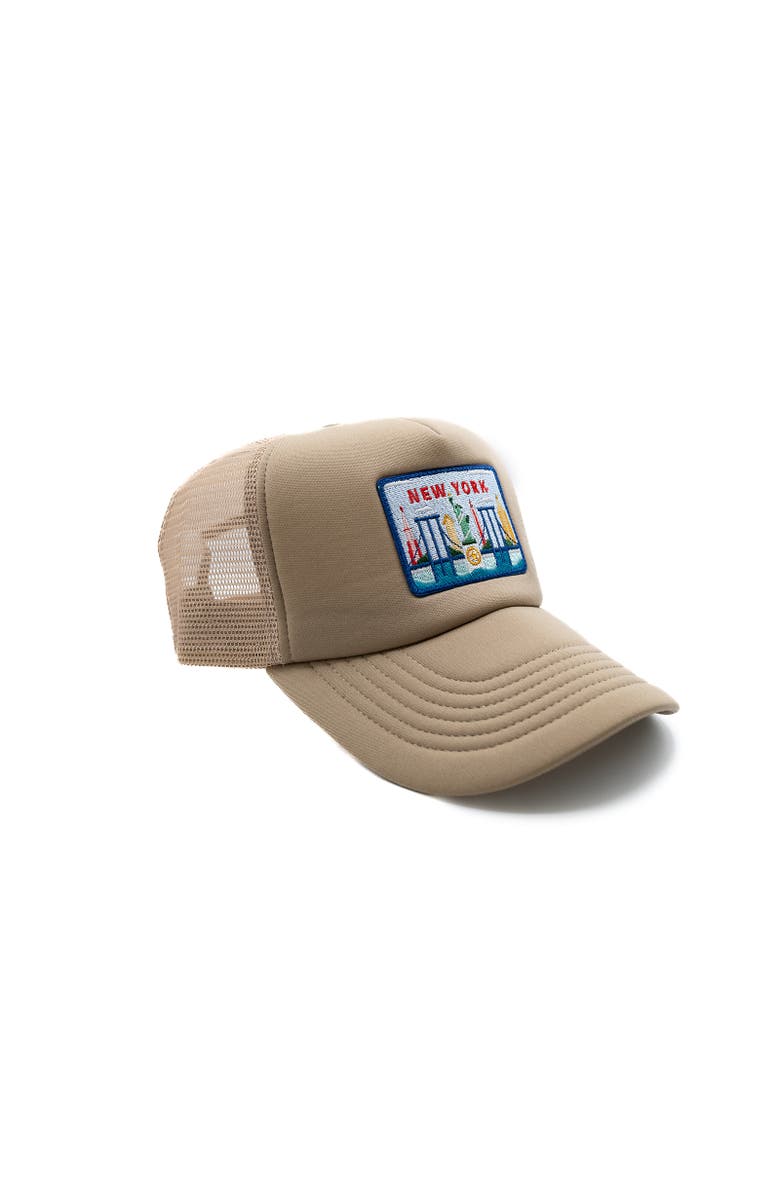 Rey To Z New York Postcard Trucker Hat, Alternate, color, Khaki