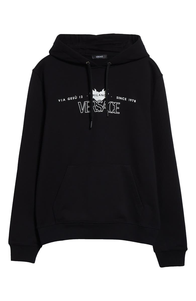 Versace Via Gesù Logo Graphic Hoodie, Alternate, color, Black Print