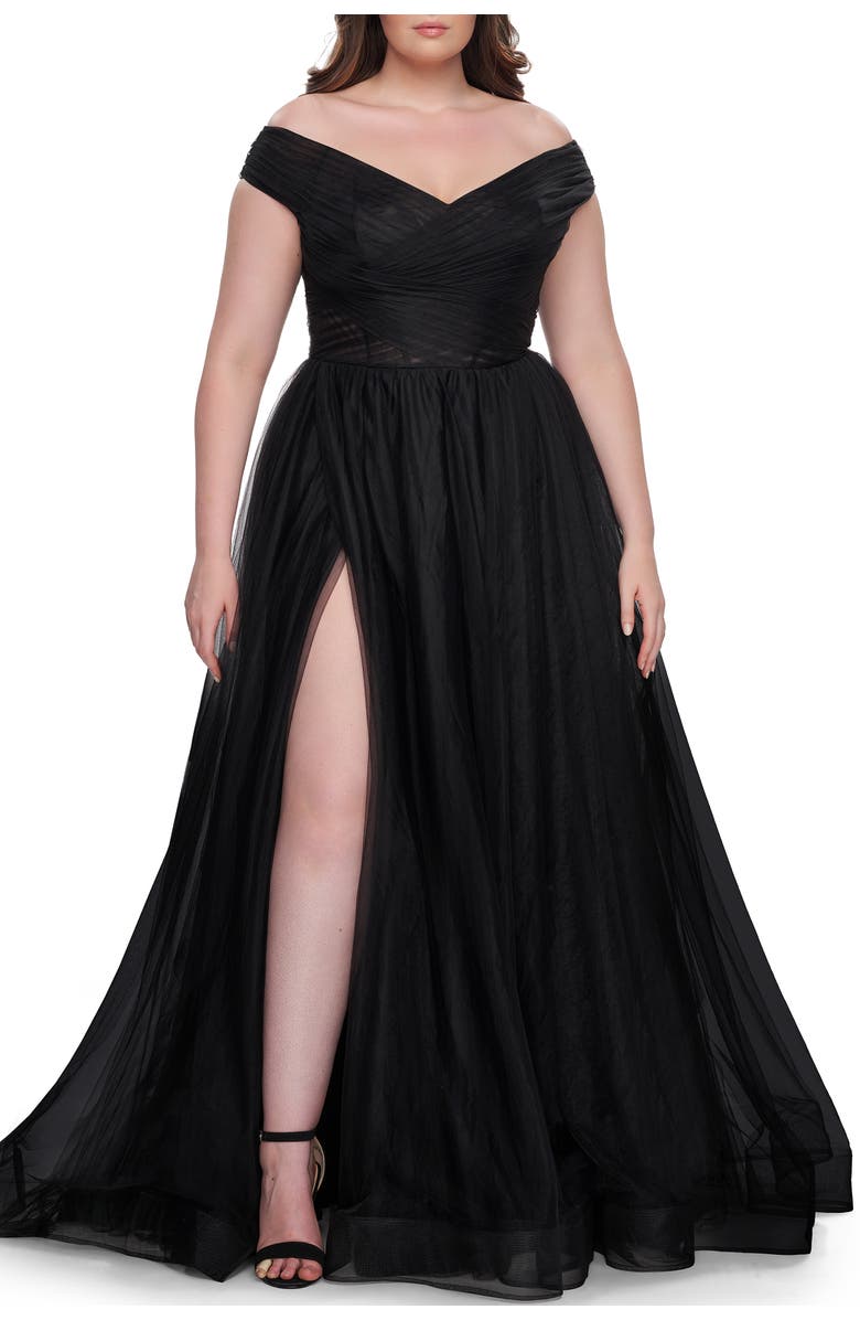 La Femme A-Line Tulle Off the Shoulder Plus Size Dress with Slit, Alternate, color, Black