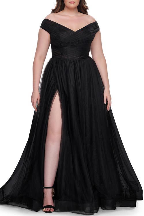La Femme A-line Tulle Off The Shoulder Plus Size Dress With Slit