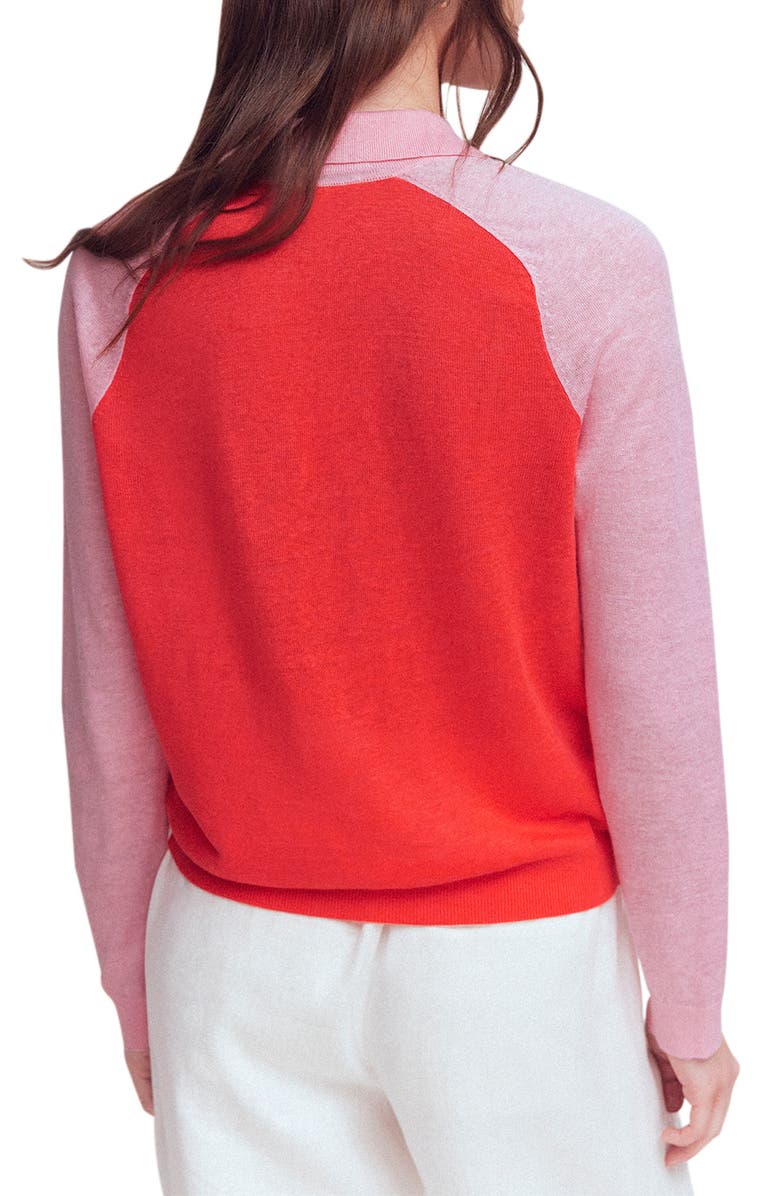 Boden Agnes Colorblock Johnny Collar Sweater, Alternate, color, Sunkissed Coral/ Orchid Smoke