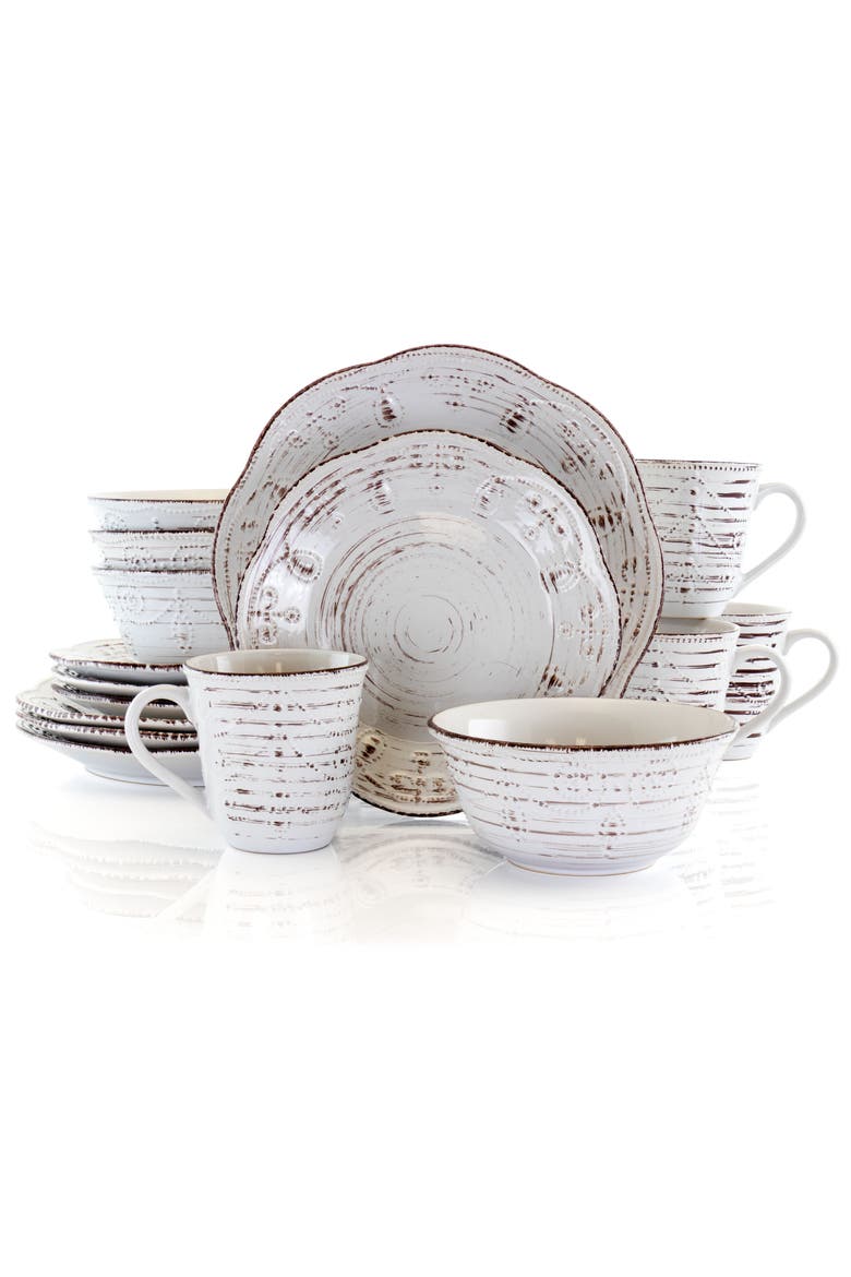 Rustic Birch 16 Piece Stoneware Round Dinnerware Set, Main, color, White