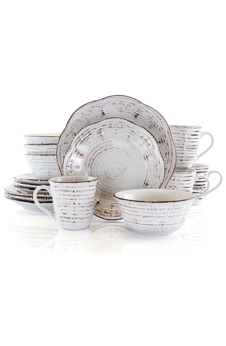 Elama Rustic Birch 16 Piece Stoneware Round Dinnerware Set, Main, color, White