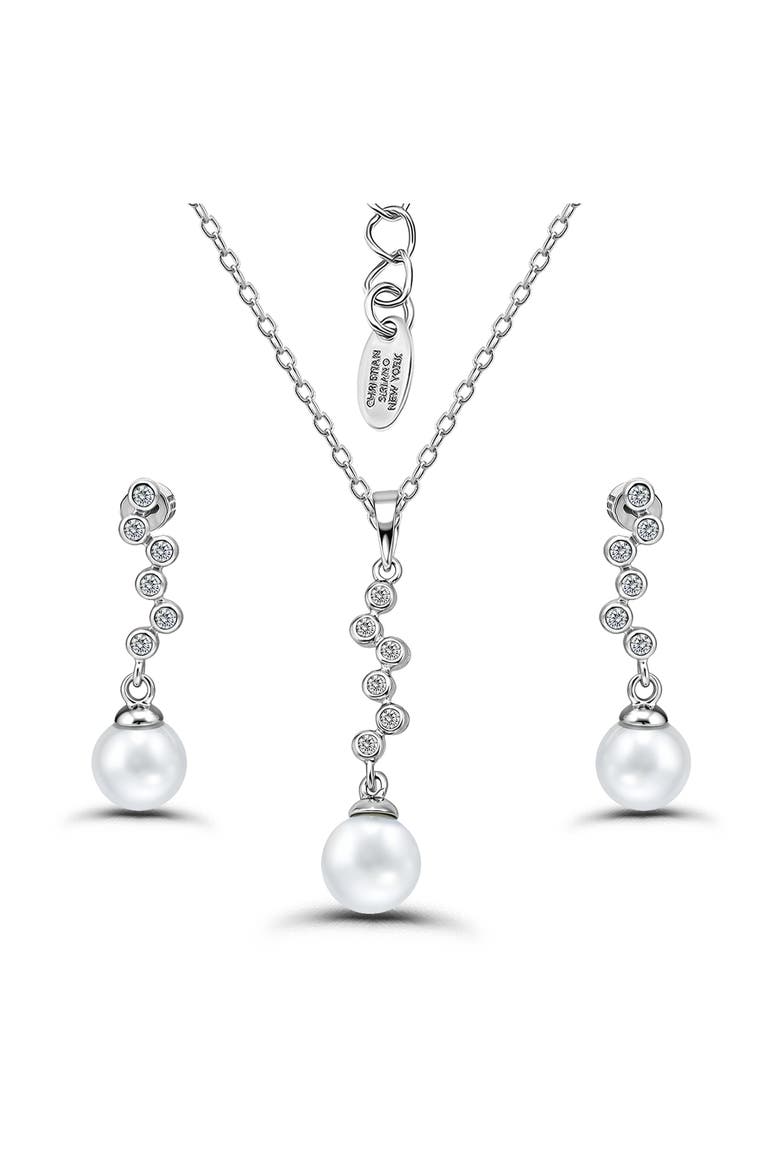 Cubic Zirconia & 9-10mm Faux Pearl Drop Earrings & Necklace Set, Main, color, SILVER