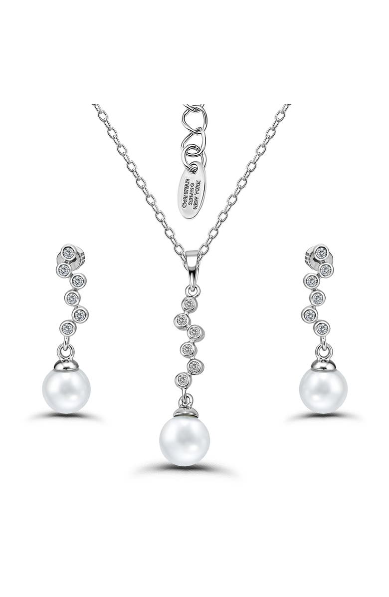 Christian Siriano New York Cubic Zirconia & 9-10mm Faux Pearl Drop Earrings & Necklace Set, Main, color, Silver