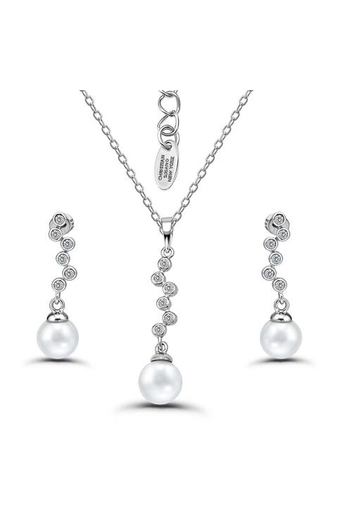 Cubic Zirconia & 9-10mm Faux Pearl Drop Earrings & Necklace Set