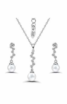 Cubic Zirconia & 9-10mm Faux Pearl Drop Earrings & Necklace Set