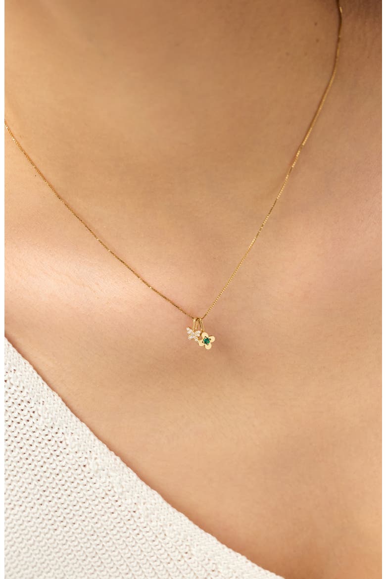 Solid Yellow Gold - Flower Charm Necklace, Alternate, color, Emerald