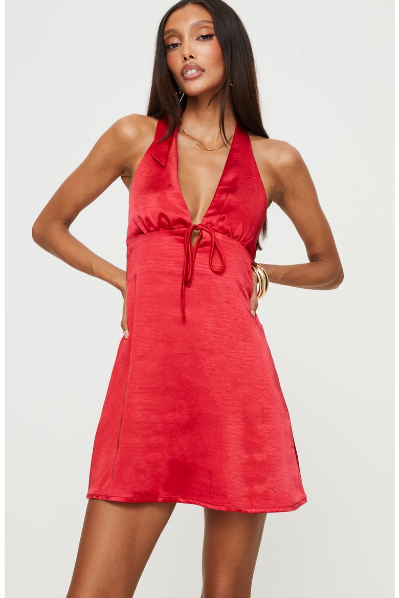 Lanier Satin Halter Minidress, Alternate, color, RED