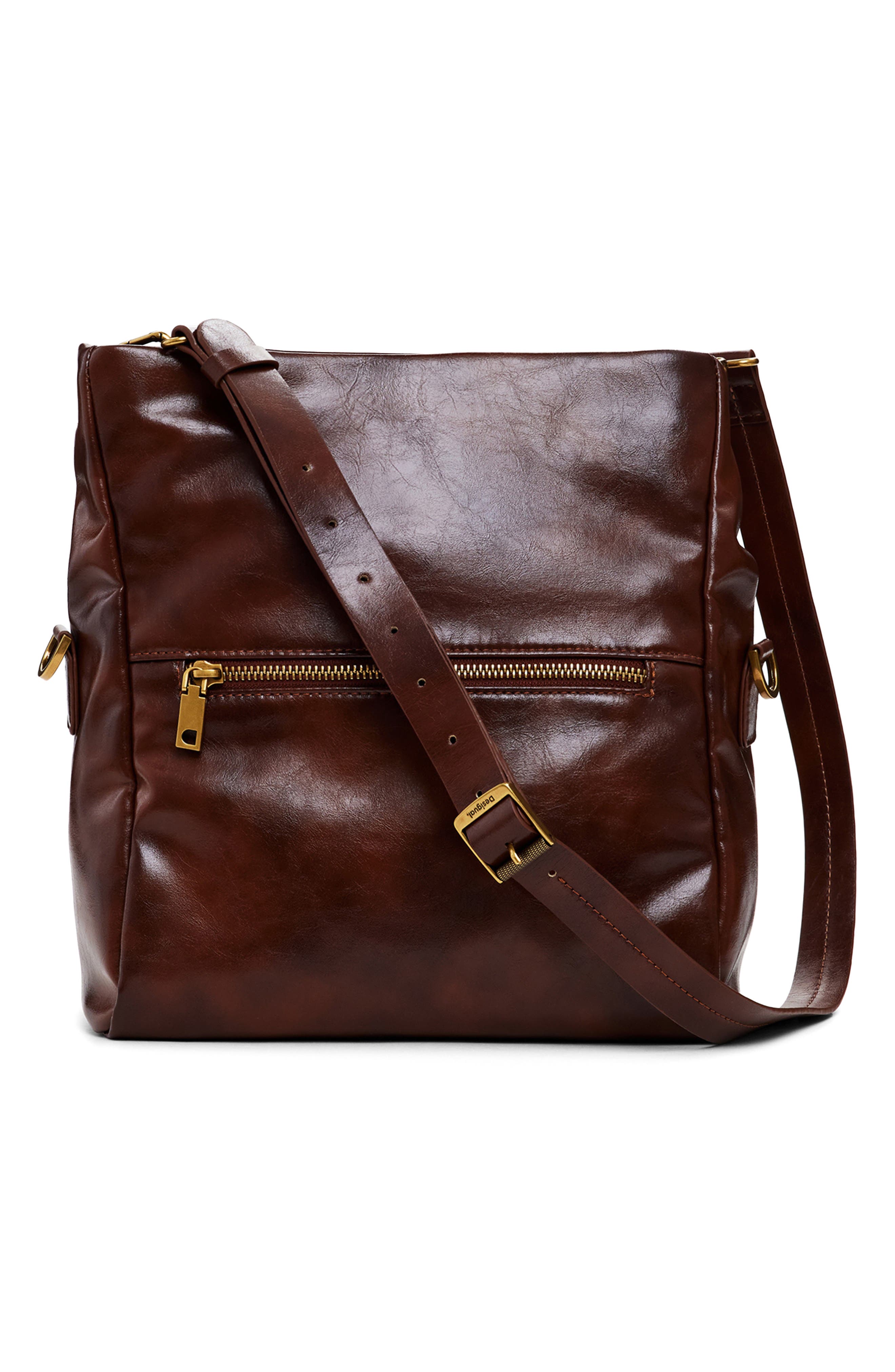 Desigual Faux Leather Flower Accent Shoulder Bag, Alternate, color, Brown