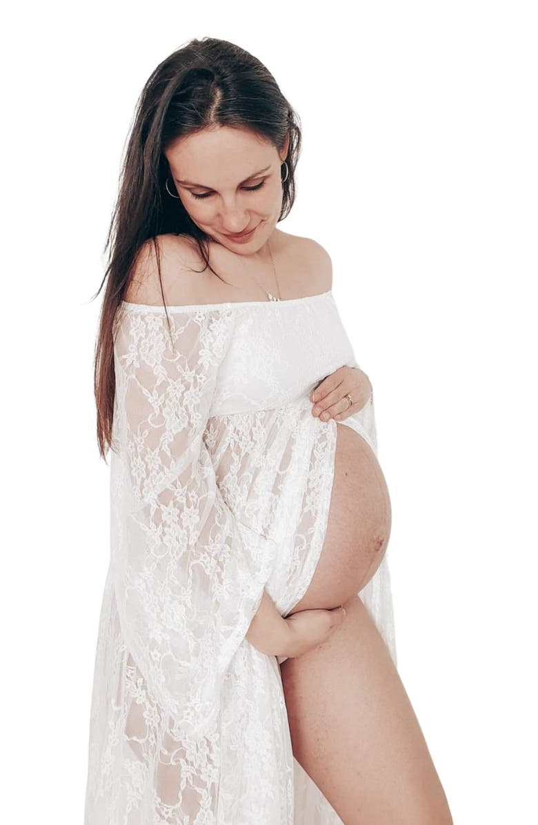 PinkBlush Lace Off Shoulder Maternity Photoshoot Gown/Dress, Main, color, White