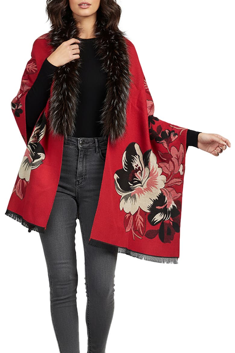Floral Faux Fur Trim Scarf, Main, color, RED