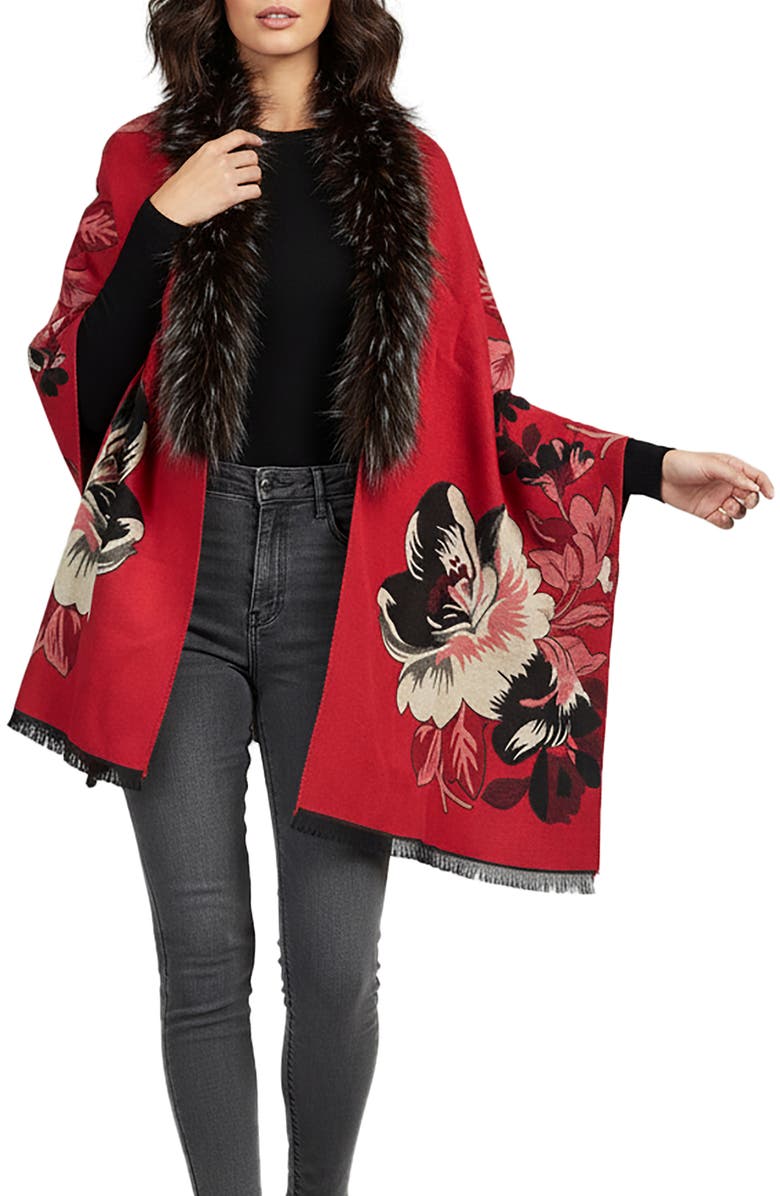 SAACHI Floral Faux Fur Trim Scarf, Main, color,