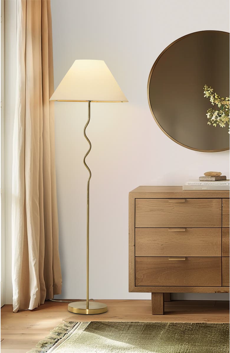 Brightech Squiggle 62" LED Modern Wavy Floor Lamp with Fabric Shade, Bulb Included, Alternate, color, Antique Brass