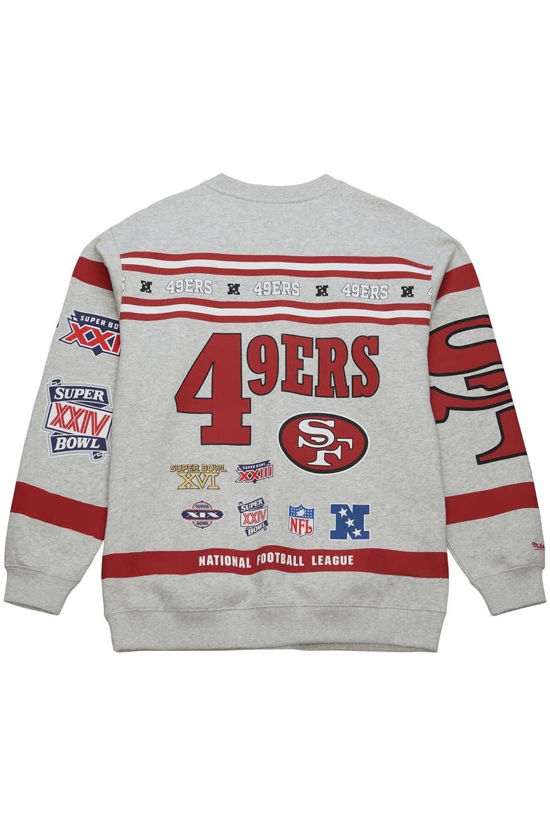 Men's Mitchell & Ness  Heather Gray San Francisco 49ers All Over Print Vintage Fleece Crewneck Sweatshirt, Alternate, color, Heather Gray