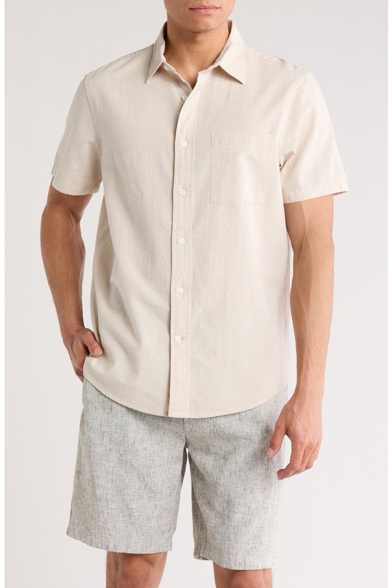Seersucker Short Sleeve Cotton Button-Up Shirt, Main, color, GREY MOONBEAM