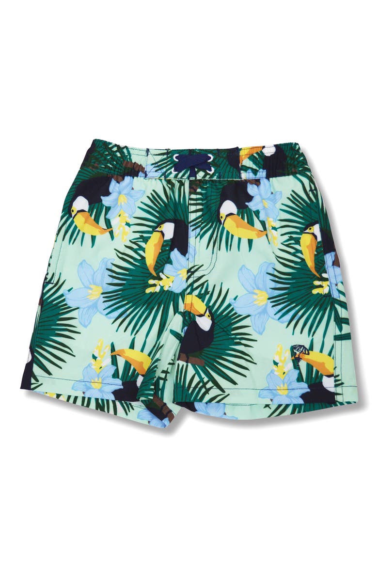Kids' Toucan Print UPF 50+ Swim Trunks, Main, color, GREEN MULTI