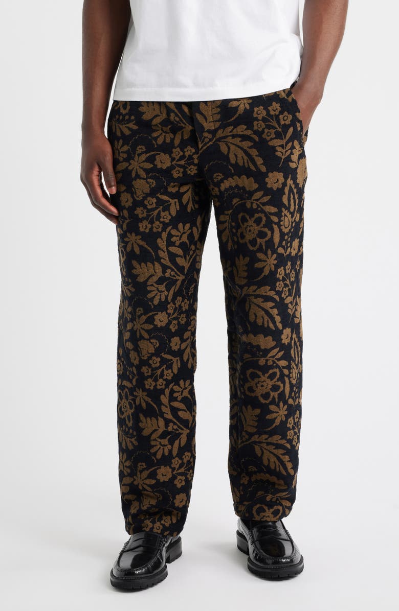 Wax London Tyne Recycled Cotton Blend Floral Jacquard Pants, Main, color, Black / Khaki
