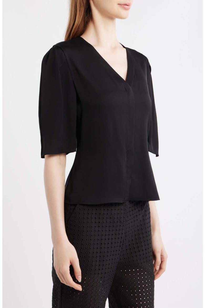 Round Sleeve Silk Button-Up Top, Alternate, color, BLACK