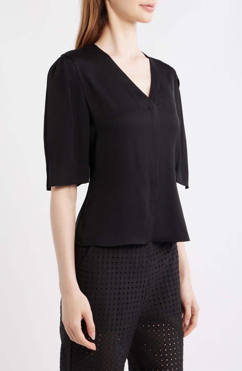 Theory Round Sleeve Silk Button-Up Top, Alternate, color, Black
