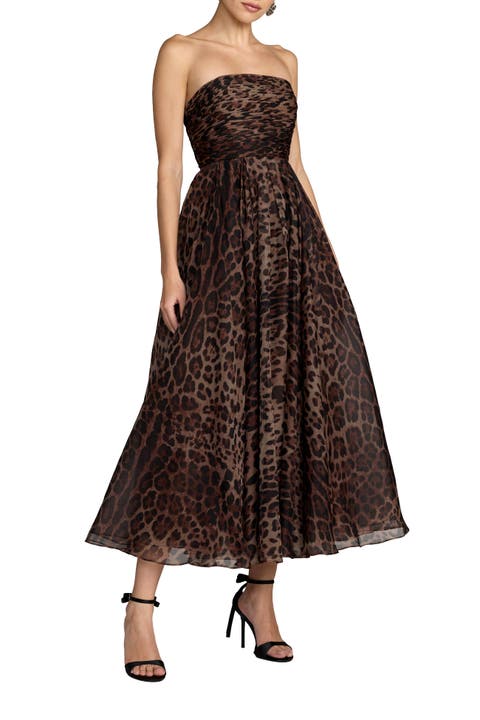 Strapless Leopard A-Line Chiffon Midi Dress