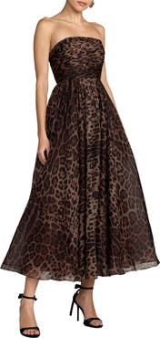 Mac Duggal Strapless Leopard A-Line Chiffon Midi Dress