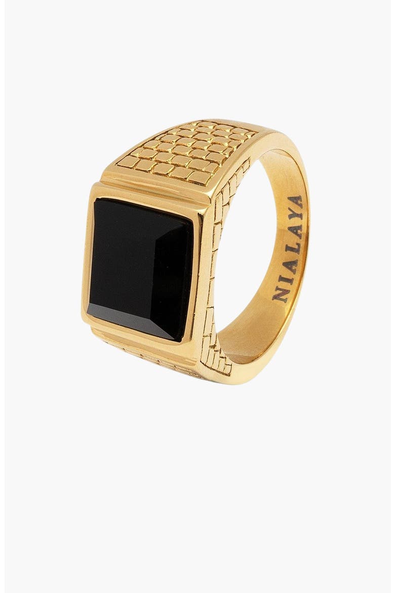 Brick Signet Ring With Agate, Alternate, color, Gold / Black