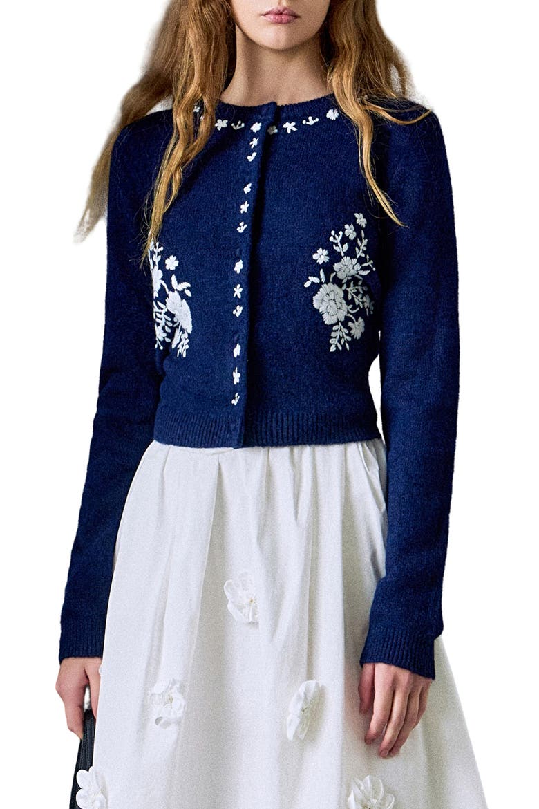 Floral Embroidered Cardigan, Main, color, NAVY/ WHITE