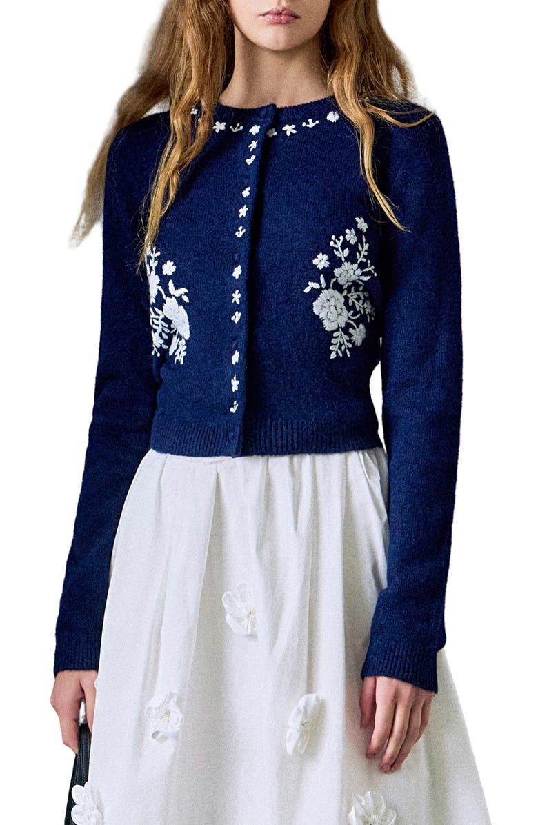 English Factory Floral Embroidered Cardigan, Main, color, Navy/ White