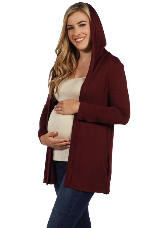 24seven Comfort Apparel Open Front Lightweight Hooded Maternity Cardigan In Burgundy