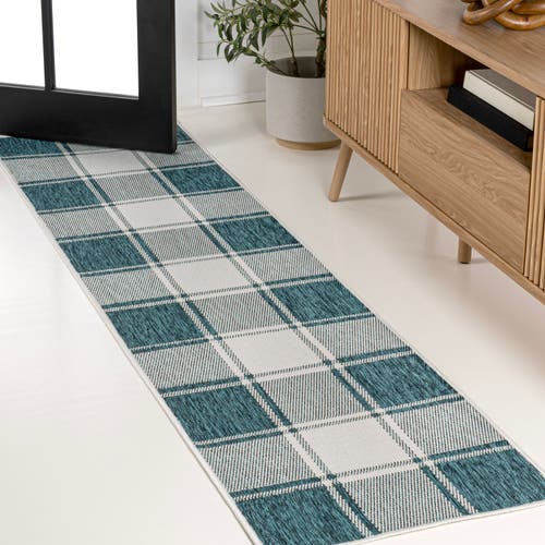 Jonathan Y Sabine Traditional Farmhouse Bold Gingham Indoor/outdoor Area Rug In Turquoise/cream