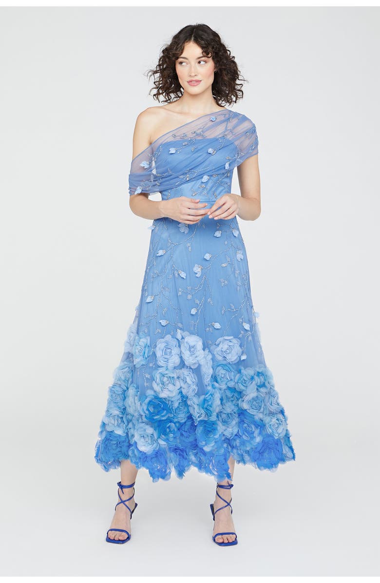 Theia Meredith Floral Dress, Main, color, Cornflower Blue