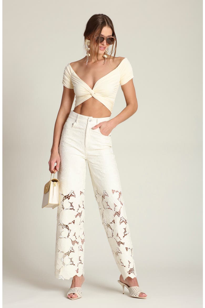 High Waist Embroidered Lace Cotton Pants, Alternate, color, OFF WHITE