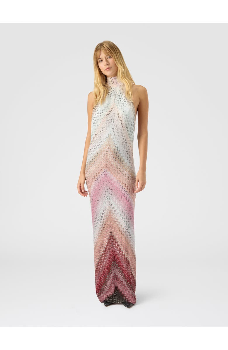 Missoni Long Halter-neck Dress With Staggered Zigzag Pattern, Alternate, color, Pink