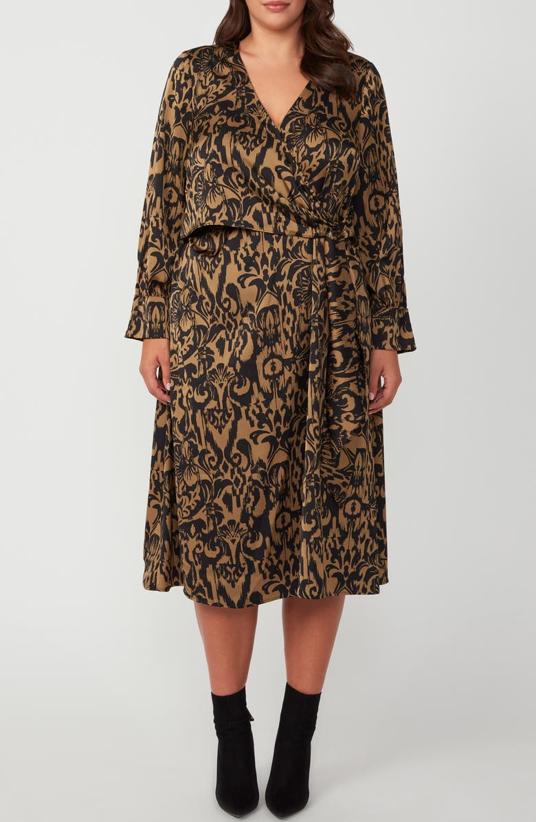 Estelle Serenity Long Sleeve Satin Twill Faux Wrap Midi Dress, Main, color, Print