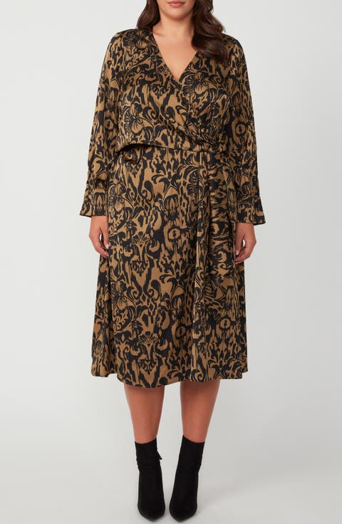 Serenity Long Sleeve Satin Twill Faux Wrap Midi Dress (Plus)