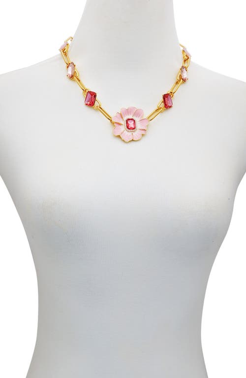 Guess Gold-tone Enamel & Stone Pink Blossom Statement Necklace, 18" + 2" Extender In Gold