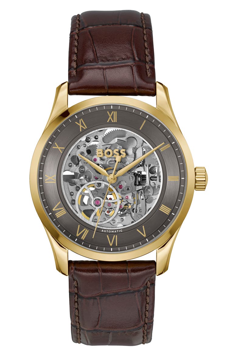 Principle Skeleton Automatic Leather Strap Watch, 41mm, Main, color, GRAY