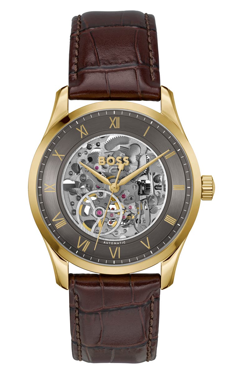 BOSS Principle Skeleton Automatic Leather Strap Watch, 41mm, Main, color, 