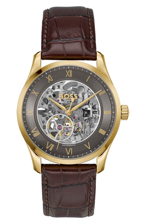 Principle Skeleton Automatic Leather Strap Watch, 41mm