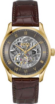 BOSS Principle Skeleton Automatic Leather Strap Watch, 41mm