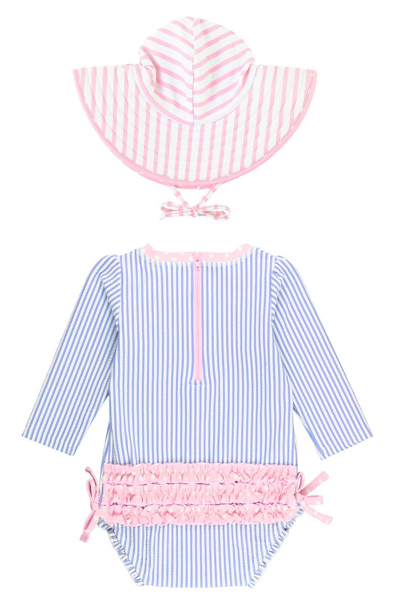 RuffleButts Seersucker One-Piece Rashguard Swimsuit & Hat Set, Alternate, color, Blue