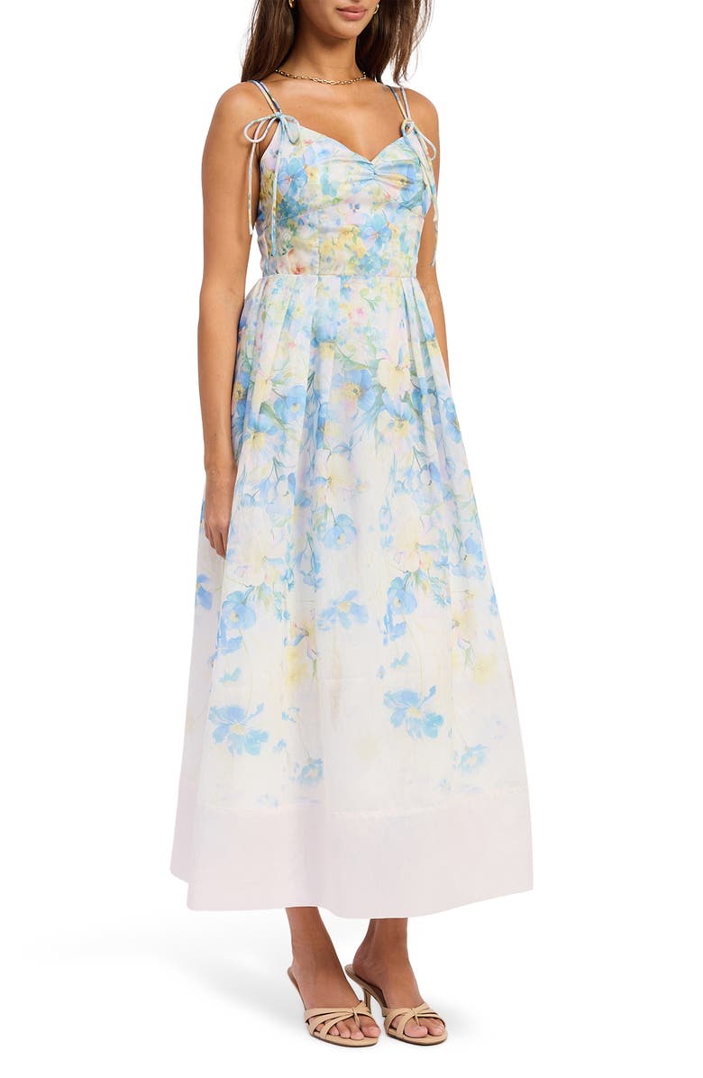 En Saison Vivian Tie Straps Midi Dress, Alternate, color, Ivory Blue Yellow