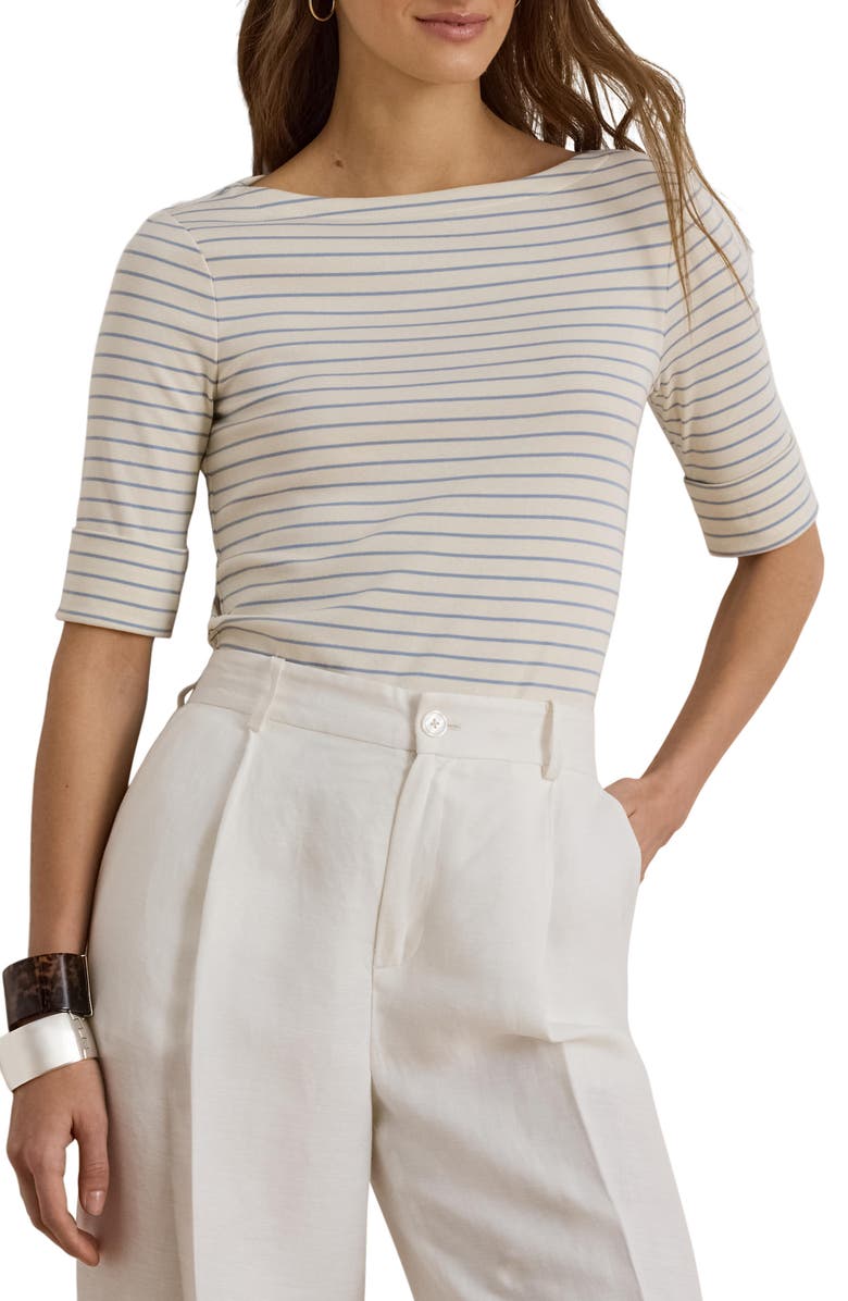Lauren Ralph Lauren Stripe Stretch Cotton Boatneck Top, Main, color, Cream/ Dusty Sky
