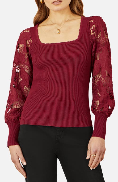 Yumi Ribbed Knitted Lace Sleeve Top In Burgundy