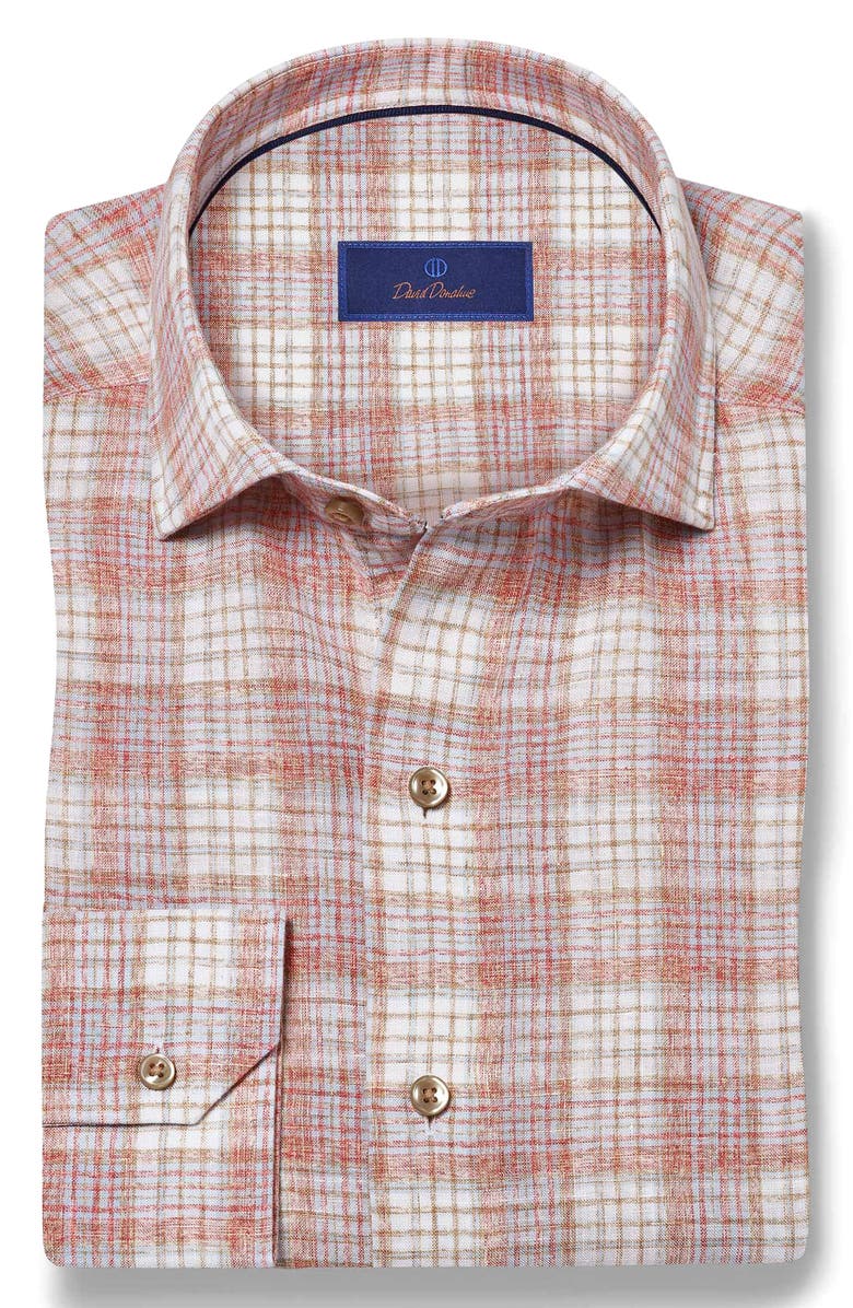 David Donahue Linen Check Sport Shirt, Alternate, color, Red/ Multi