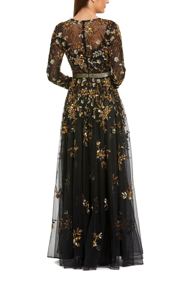 High Neck Long Sleeve Jersey And Brocade Ballgown, Alternate, color, Black Gold