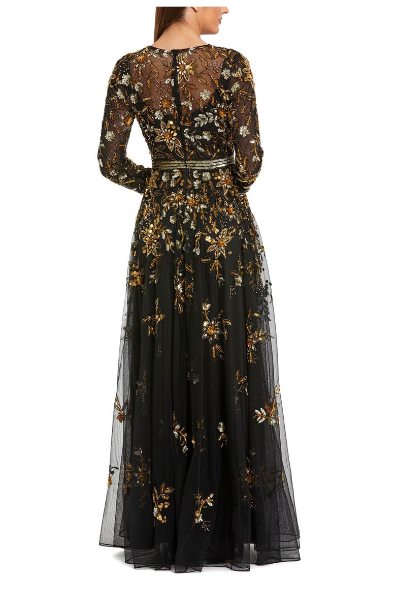 Mac Duggal High Neck Long Sleeve Jersey And Brocade Ballgown, Alternate, color, Black Gold